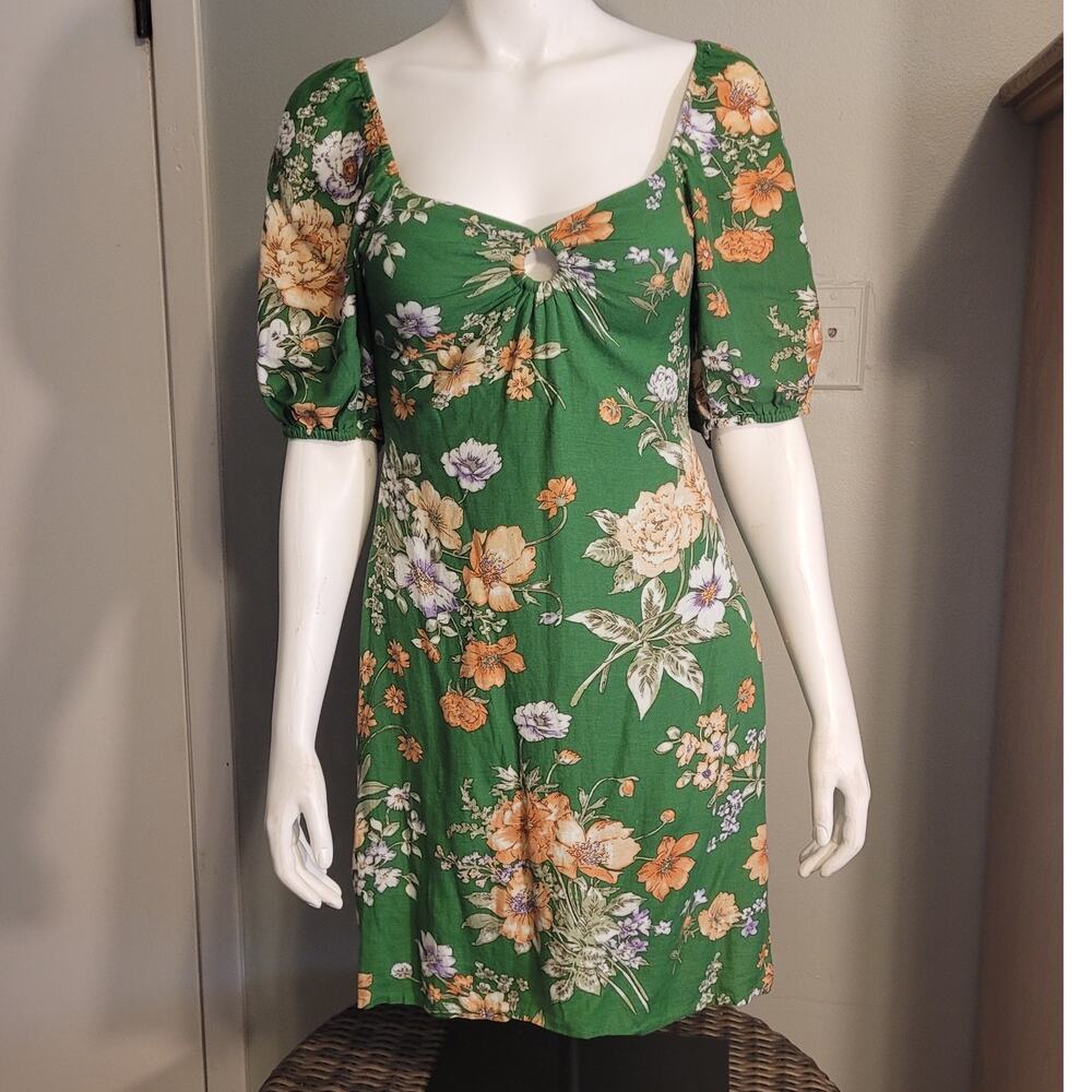 Green Floral Mini Dress Puff Sleeve Cottagecore Coquette Smocked Waist Small